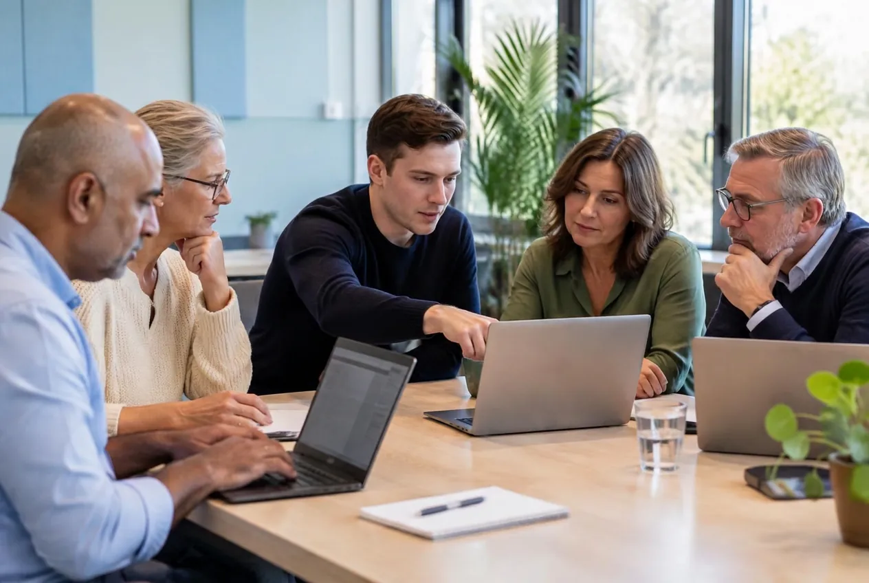 Young professional werkt met medewerkers aan een praktische AI-toepassing