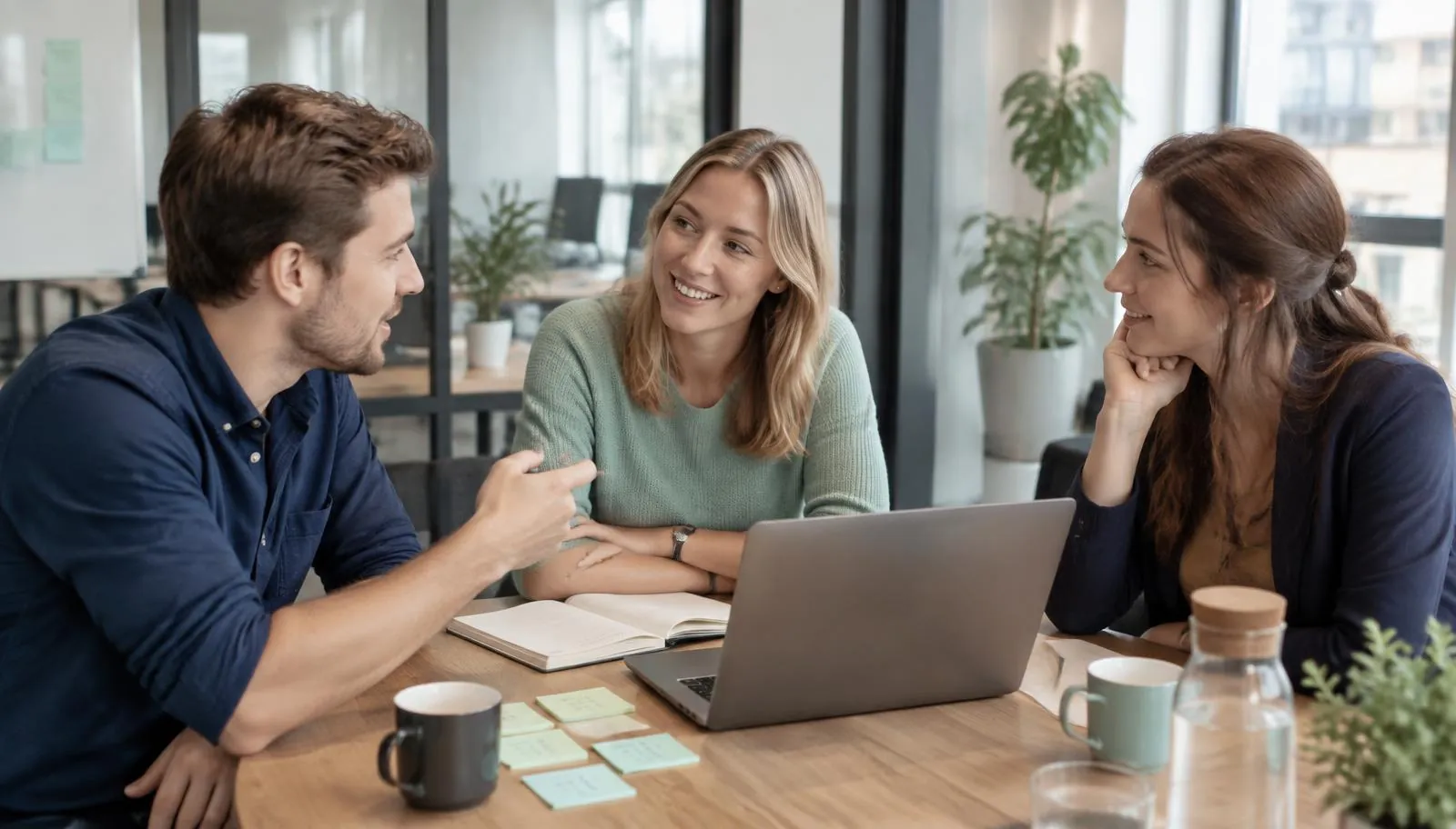 Young professional bespreekt met medewerkers hoe AI-tools in hun werk worden toegepast