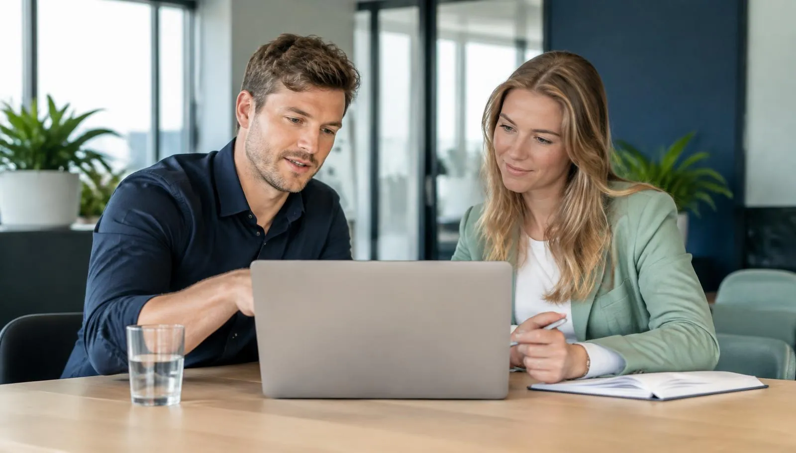 Young professional werkt samen met een medewerker aan een praktisch AI-vraagstuk